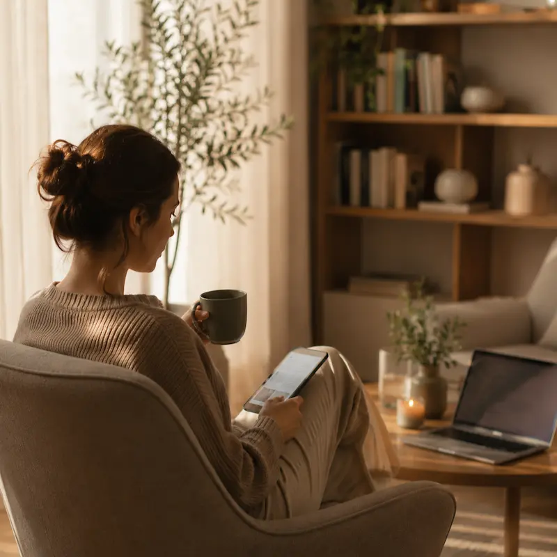 Woman relaxes in an armchair, reading psychotherapy articles written by certified psychologists from Ellie Noitsi & Associates centres. In the background, a bright living room with a bookshelf, olive tree, and laptop