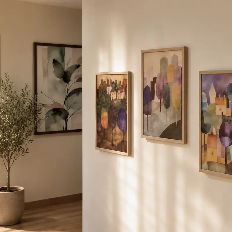 A detail of the corridor of the Kifisia psychotherapy center by Ellie Noitsi & Associates, featuring nature-inspired artwork and natural light.