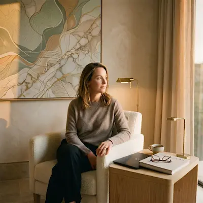 A woman in a quiet space seated in an armchair next to a laptop and books, preparing for an online psychotherapy session with Ellie Noitsi and Associates