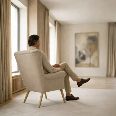 Anonymous executive in a premium private psychotherapy setting, illustrating the absolute confidentiality and corporate counseling discretion of our centers.