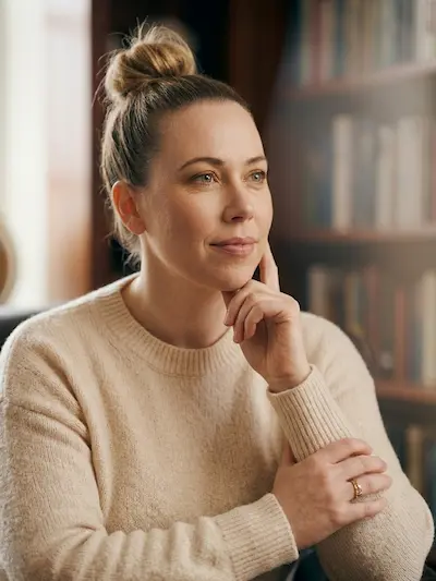 Photo of woman having questions and reservations, trying to decide whether she needs psychotherapy and who is the right specialist or psychologist