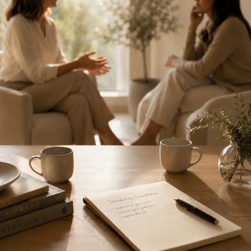 A premium psychotherapy setting showcasing our person-centered approach at our high-end counseling centers. Sharp focus on a table with a notebook mapping out an introductory consultation (understand your needs, answer your questions, explore the fit), while a licensed psychologist conducts a private psychotherapy session in the blurred background.