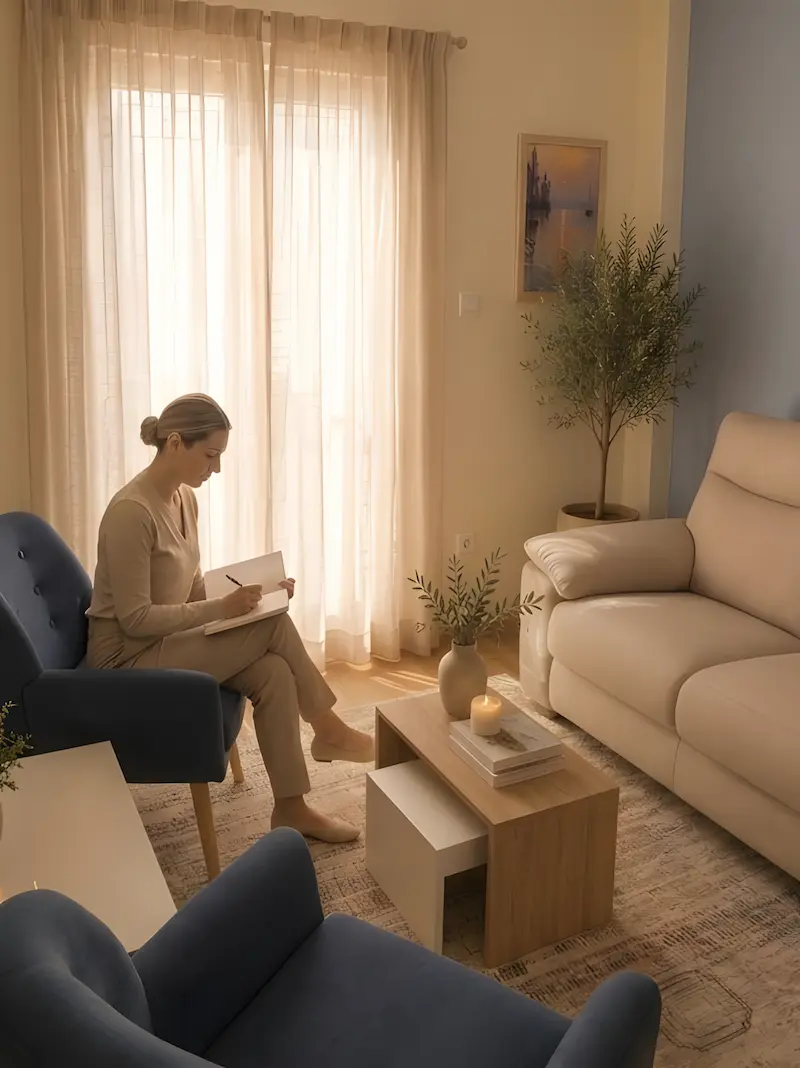 Psychologist-Psychotherapist in the consultation room at the psychotherapy and counseling center in Kifissia or Glyfada. Taking notes for the upcoming psychotherapy session